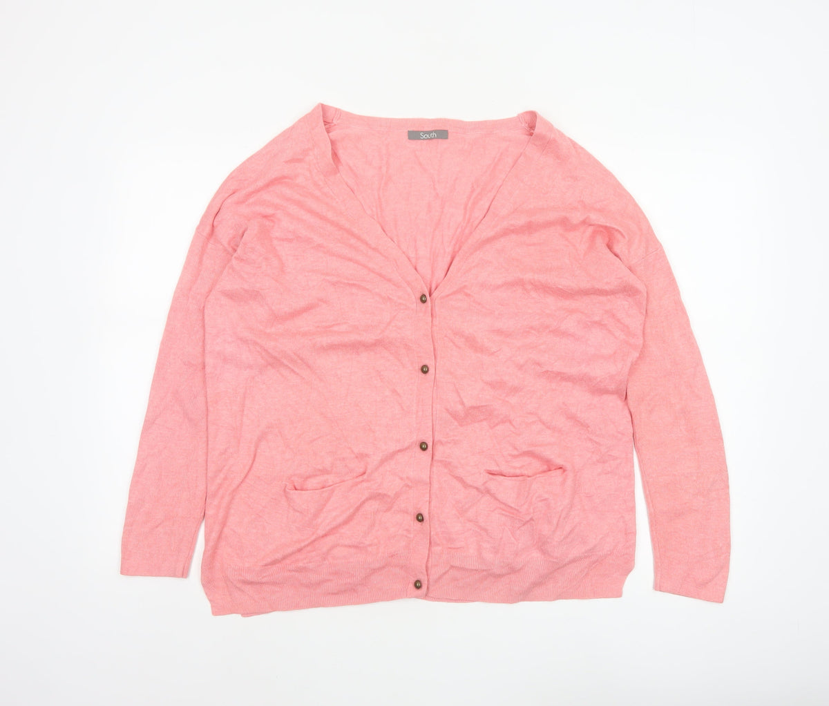 South Women’s Pink V-Neck Button Cardigan UK 12 Fine Knit Pockets