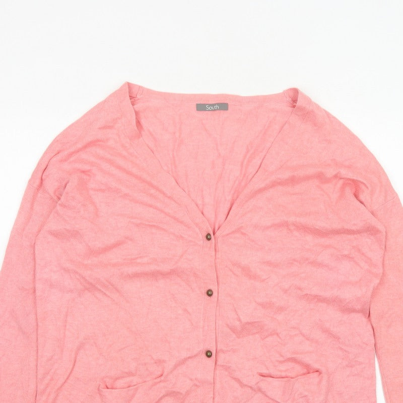 South Women’s Pink V-Neck Button Cardigan UK 12 Fine Knit Pockets