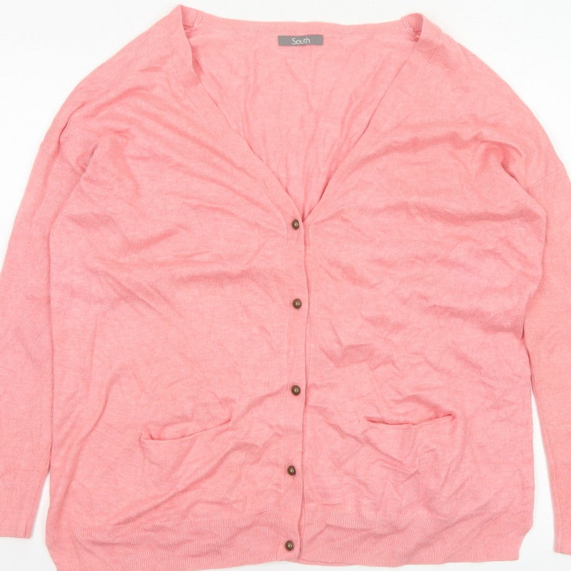 South Women’s Pink V-Neck Button Cardigan UK 12 Fine Knit Pockets