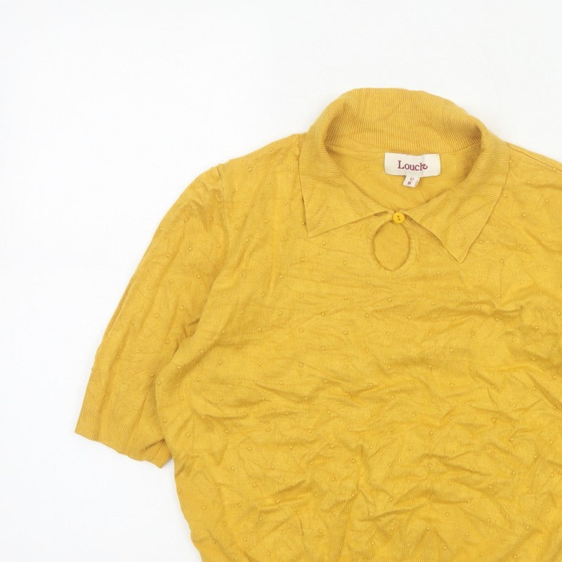 Louche Women Yellow Size 12 Collared 3/4 Sleeve Viscose Knit Top