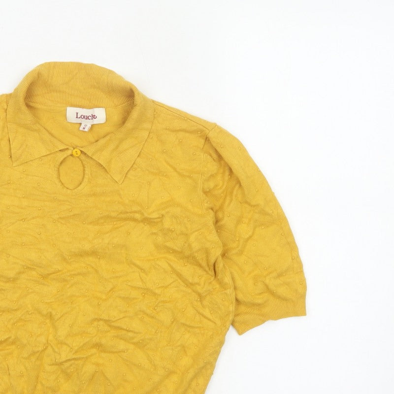 Louche Women Yellow Size 12 Collared 3/4 Sleeve Viscose Knit Top