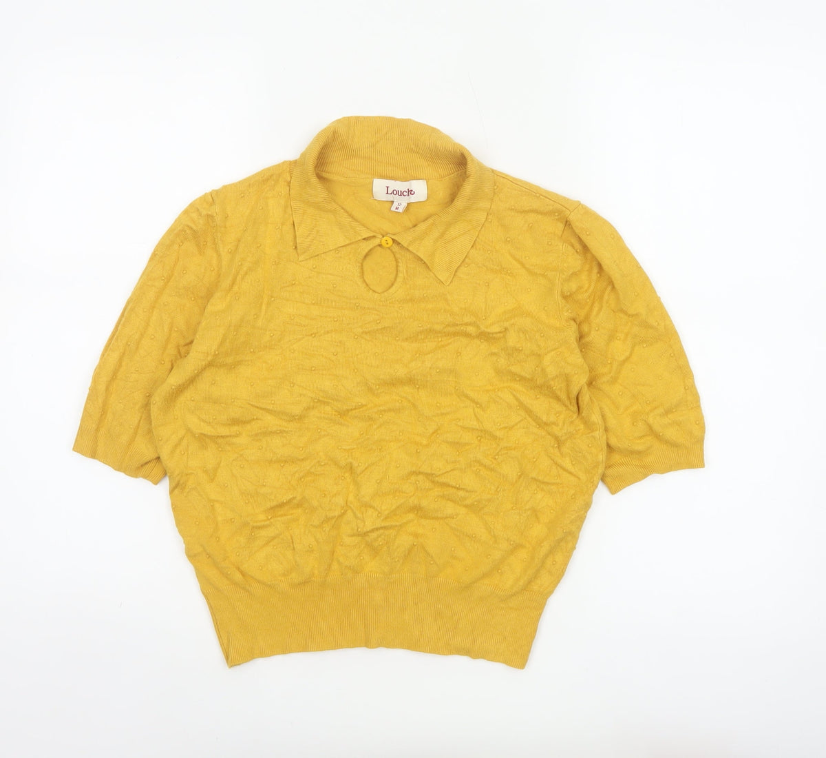 Louche Women Yellow Size 12 Collared 3/4 Sleeve Viscose Knit Top