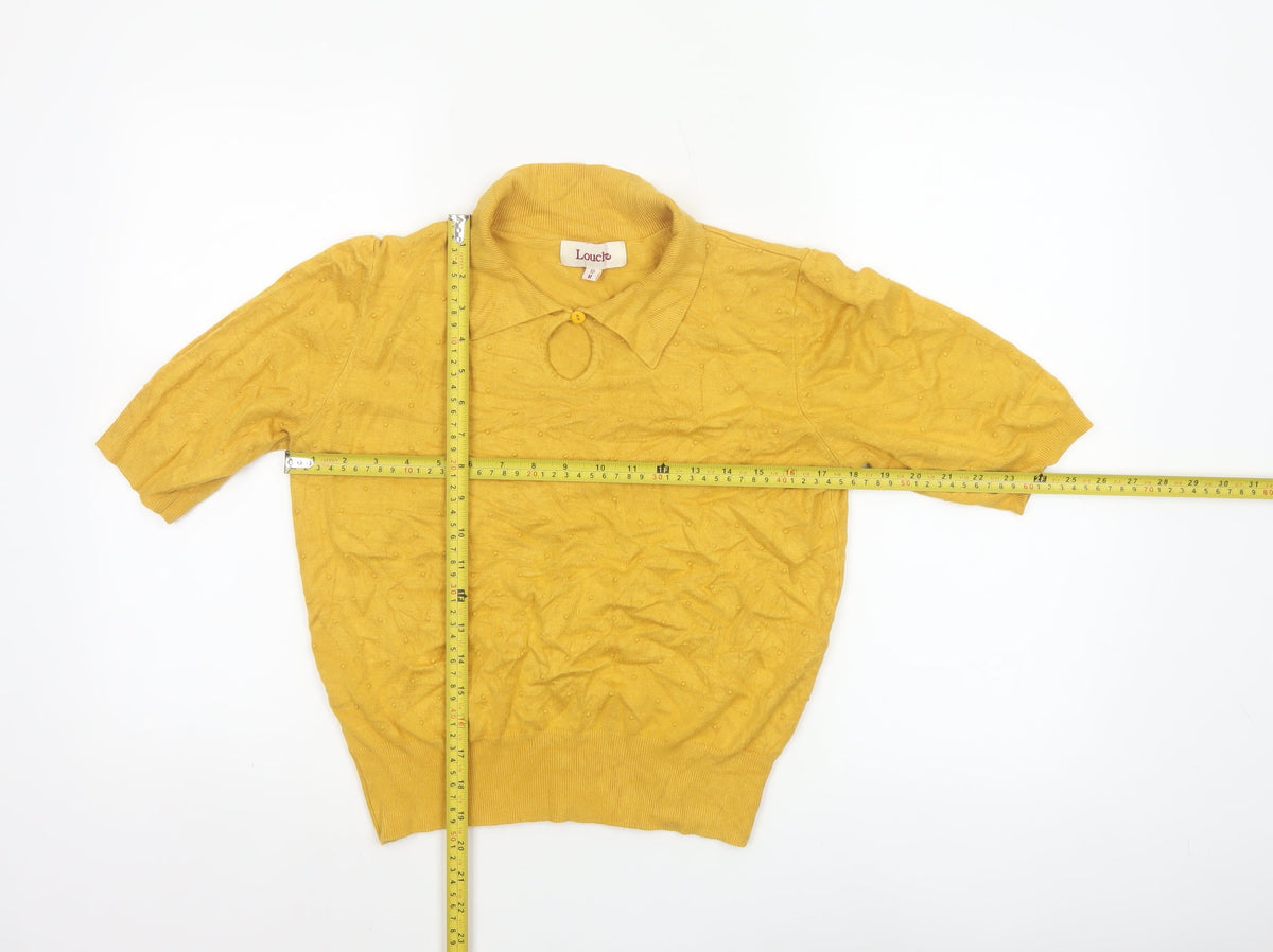Louche Women Yellow Size 12 Collared 3/4 Sleeve Viscose Knit Top