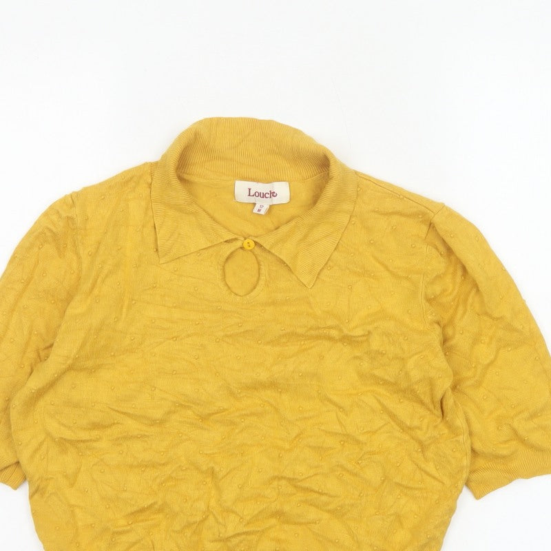 Louche Women Yellow Size 12 Collared 3/4 Sleeve Viscose Knit Top