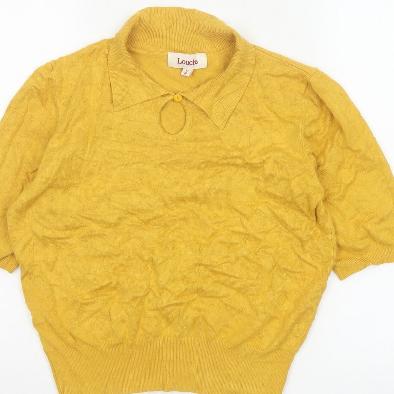 Louche Women Yellow Size 12 Collared 3/4 Sleeve Viscose Knit Top