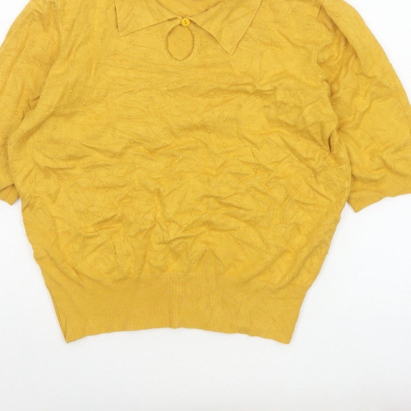 Louche Women Yellow Size 12 Collared 3/4 Sleeve Viscose Knit Top