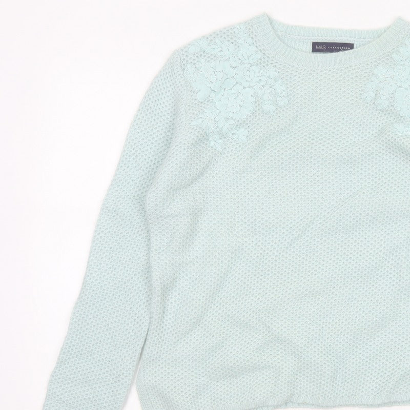 M&S Women Green UK 16 Floral Embroidered Open Knit Pullover Jumper