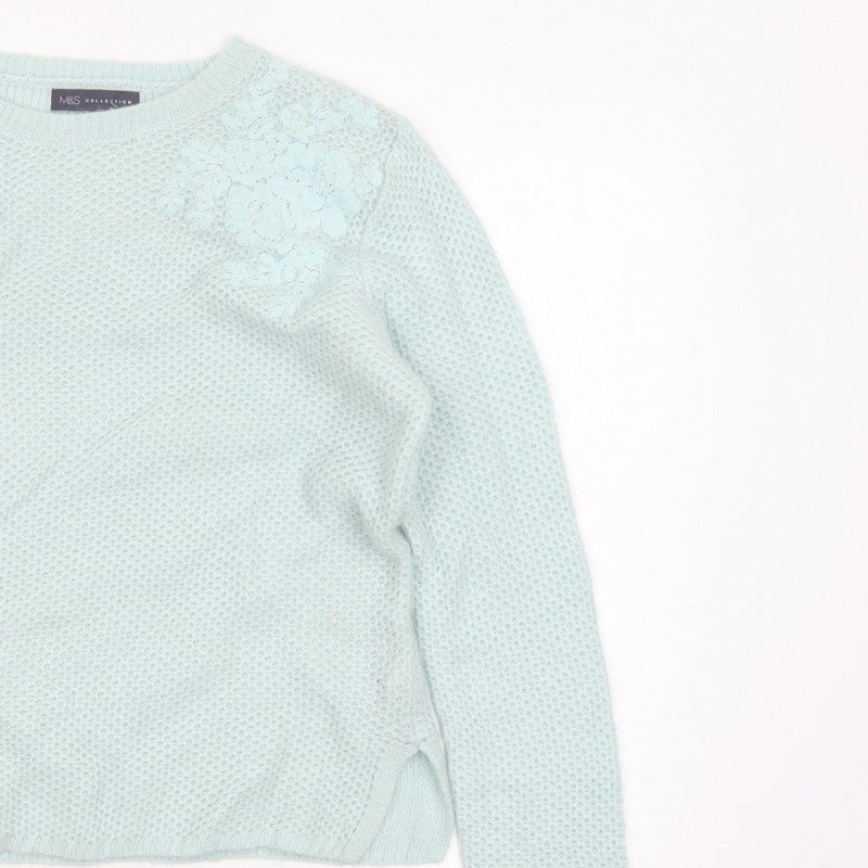 M&S Women Green UK 16 Floral Embroidered Open Knit Pullover Jumper