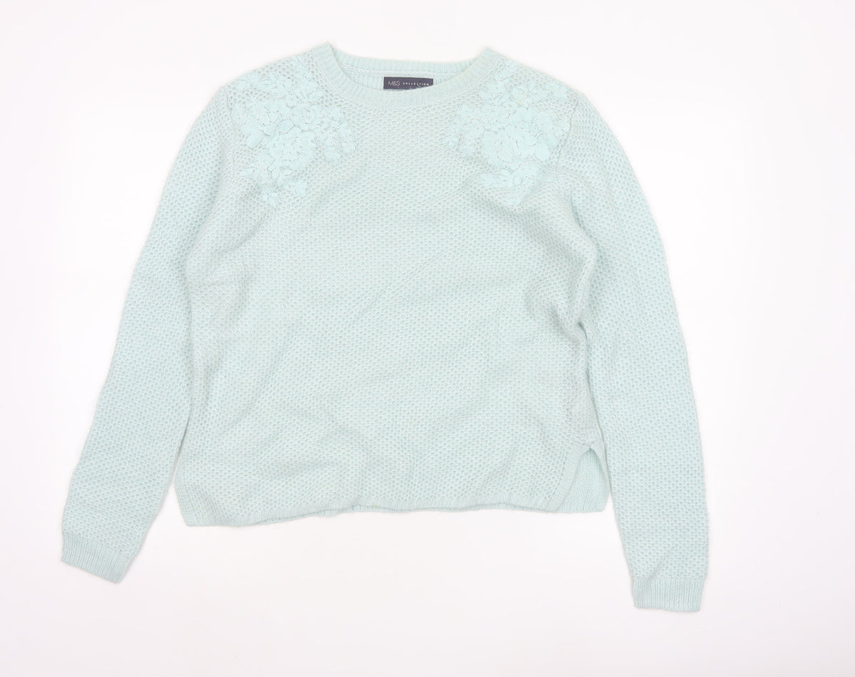 M&S Women Green UK 16 Floral Embroidered Open Knit Pullover Jumper