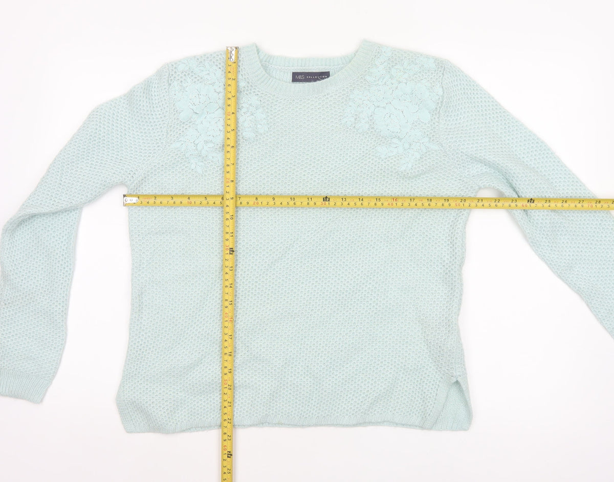 M&S Women Green UK 16 Floral Embroidered Open Knit Pullover Jumper