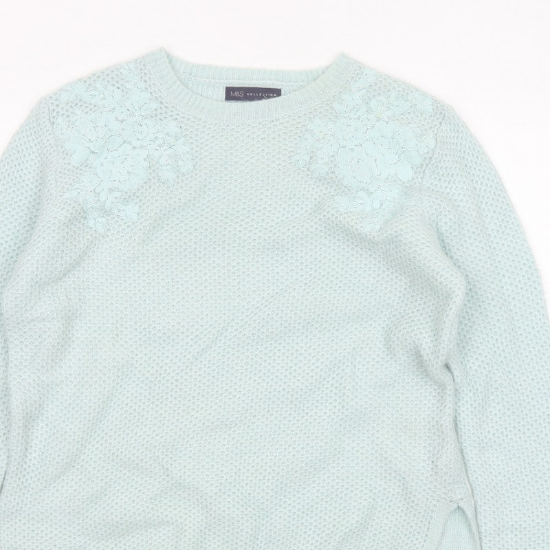 M&S Women Green UK 16 Floral Embroidered Open Knit Pullover Jumper