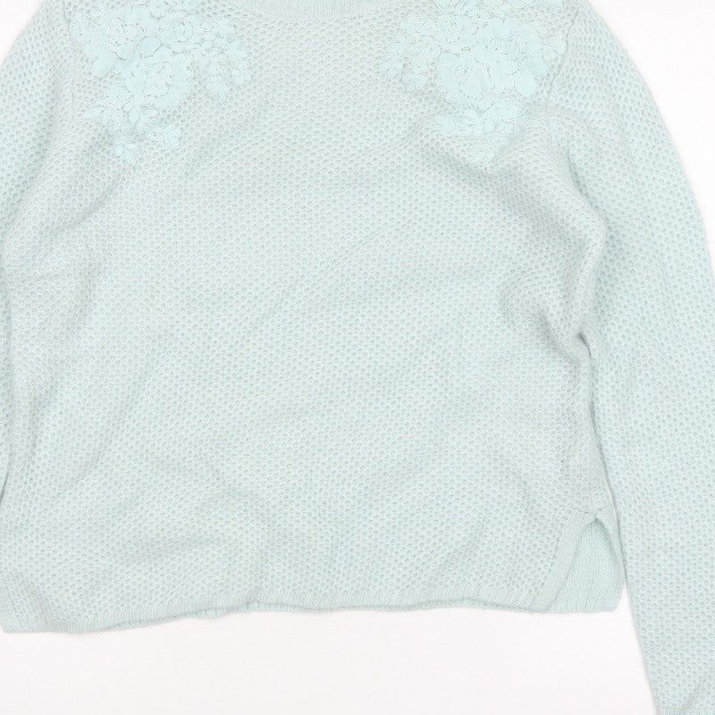 M&S Women Green UK 16 Floral Embroidered Open Knit Pullover Jumper