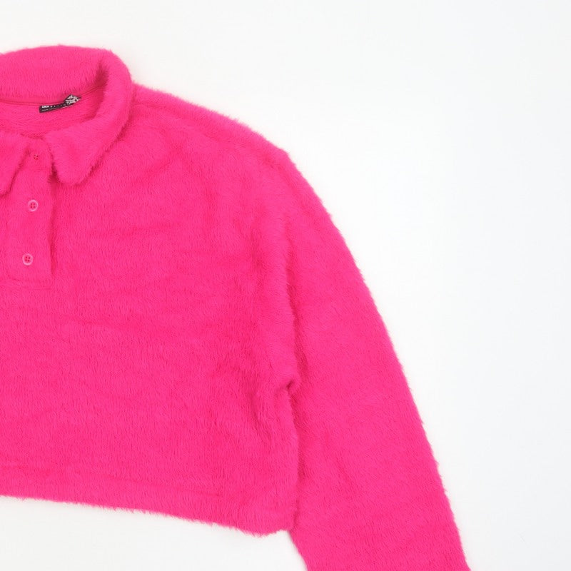 ASOS Design Women Pink M Fuzzy Collared Henley Jumper Long Sleeve