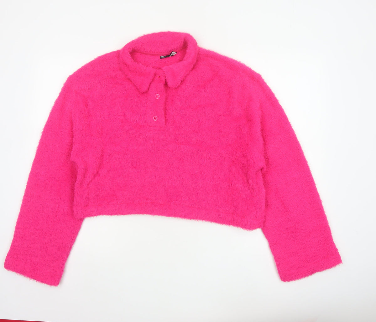 ASOS Design Women Pink M Fuzzy Collared Henley Jumper Long Sleeve