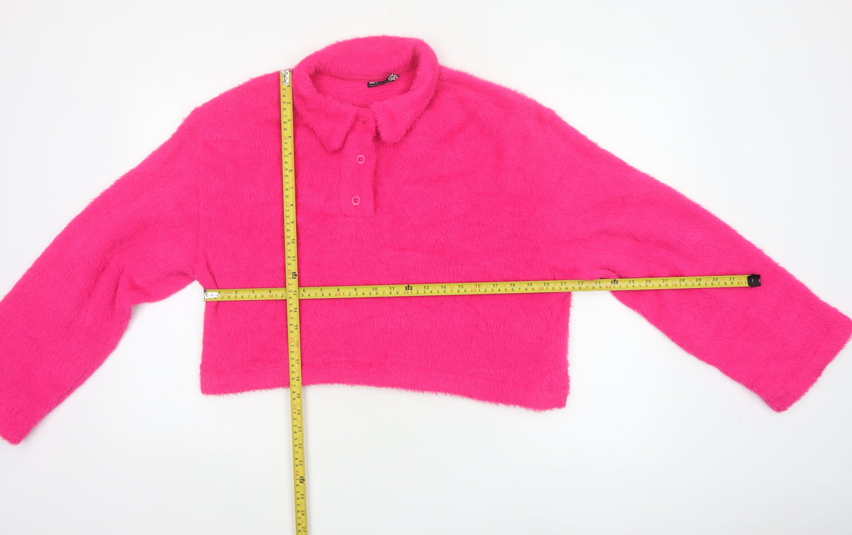 ASOS Design Women Pink M Fuzzy Collared Henley Jumper Long Sleeve