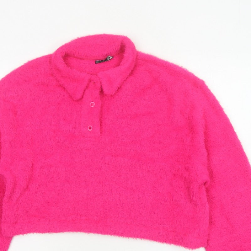 ASOS Design Women Pink M Fuzzy Collared Henley Jumper Long Sleeve