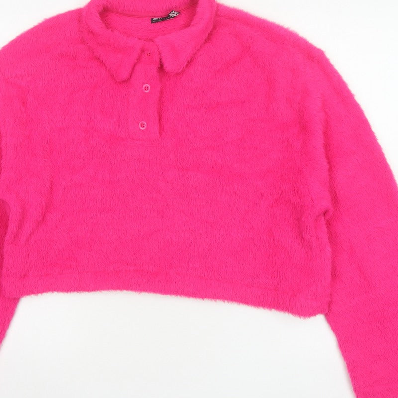 ASOS Design Women Pink M Fuzzy Collared Henley Jumper Long Sleeve