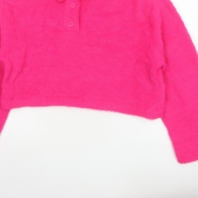 ASOS Design Women Pink M Fuzzy Collared Henley Jumper Long Sleeve
