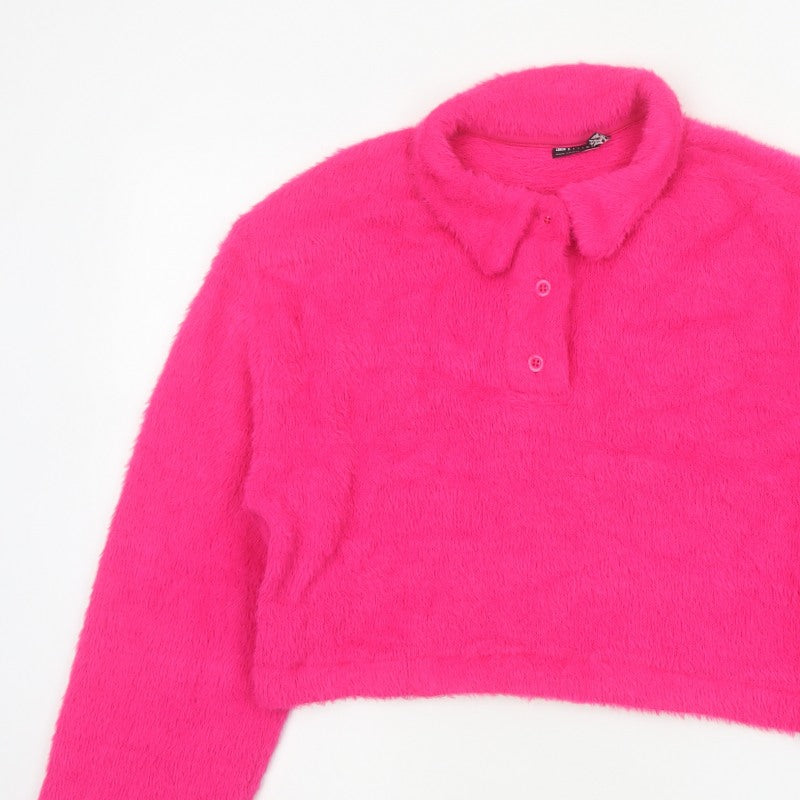 ASOS Design Women Pink M Fuzzy Collared Henley Jumper Long Sleeve