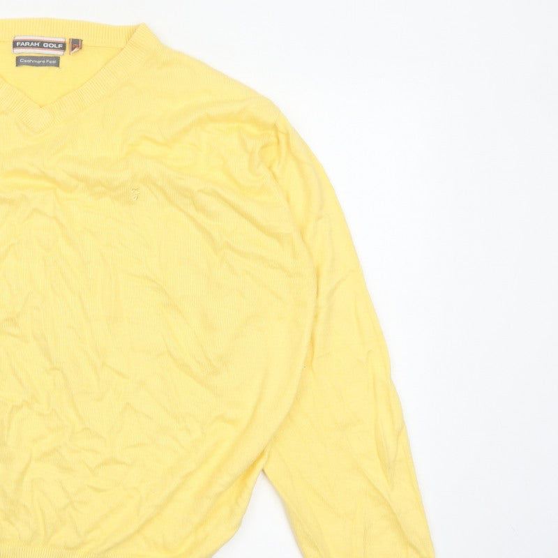 Farah Golf Men’s Yellow L V-Neck Logo Acrylic Knit Pullover Jumper