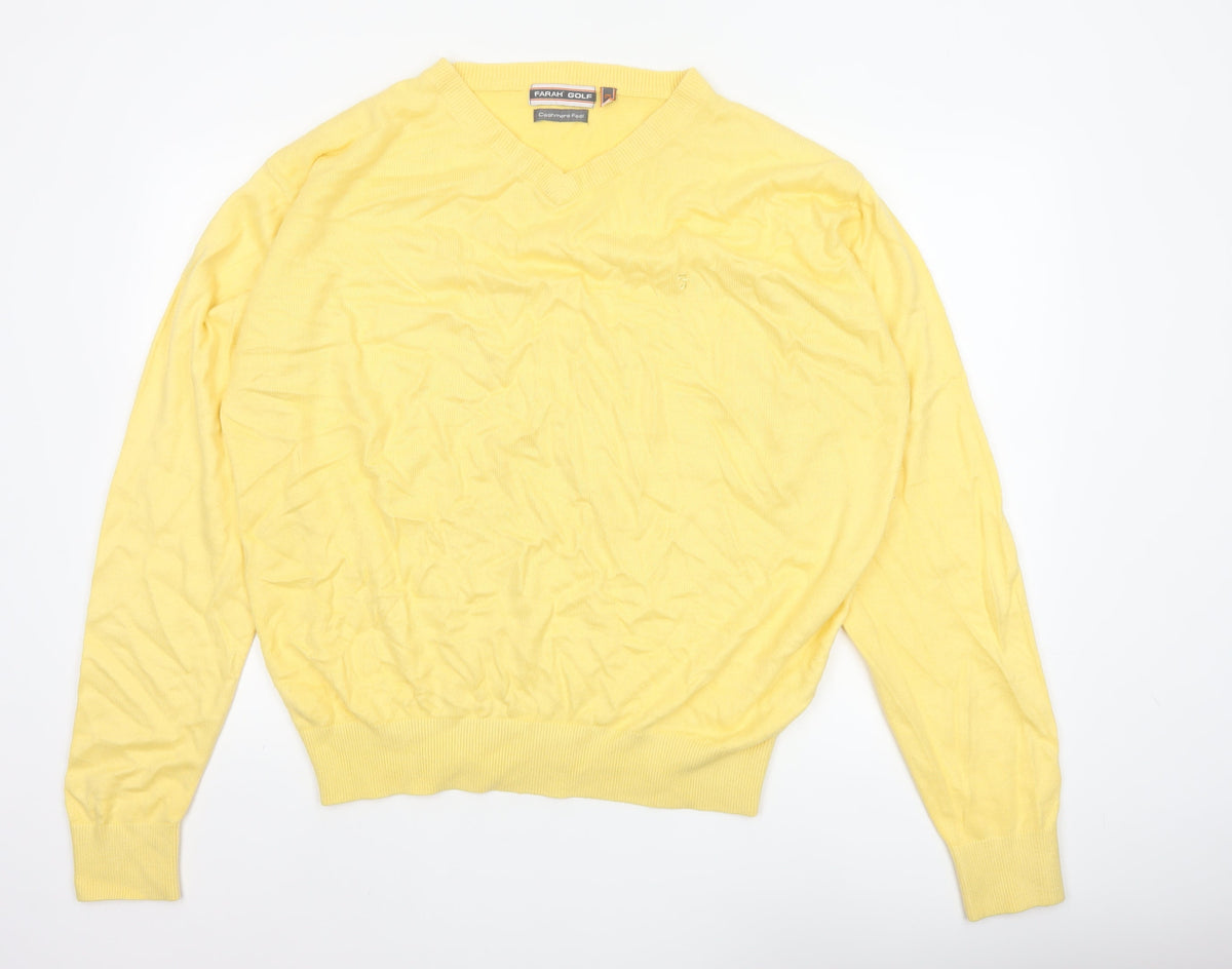Farah Golf Men’s Yellow L V-Neck Logo Acrylic Knit Pullover Jumper