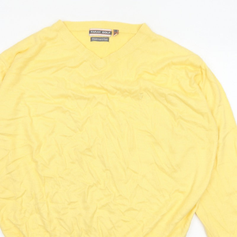 Farah Golf Men’s Yellow L V-Neck Logo Acrylic Knit Pullover Jumper