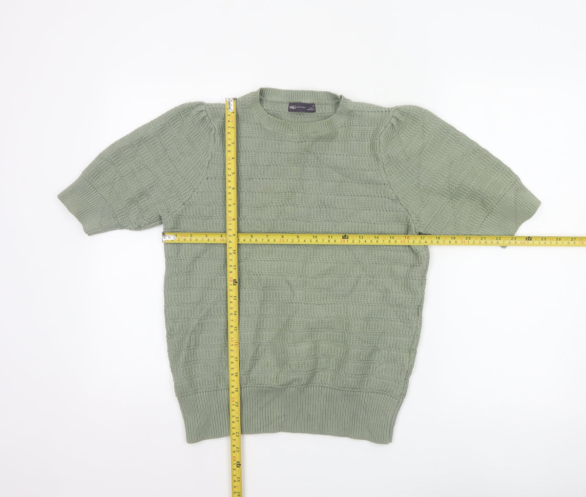 Marks and Spencer Women Green UK 12 Short Sleeve Textured Knit Jumper