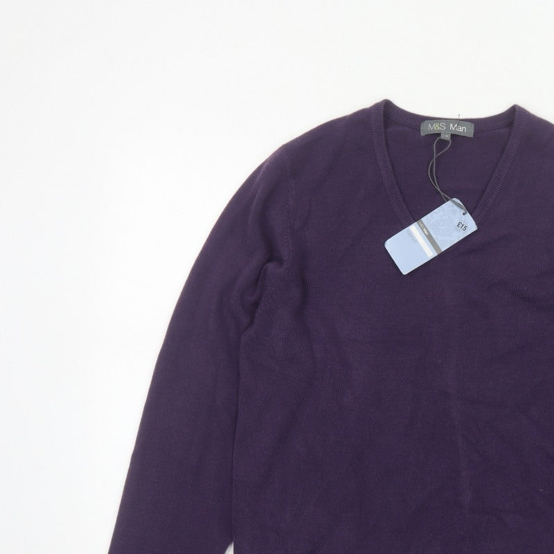 Marks and Spencer Men Purple S V-Neck Acrylic Knit Pullover Jumper