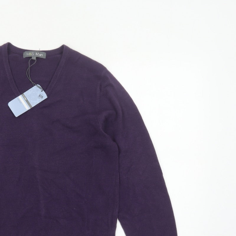 Marks and Spencer Men Purple S V-Neck Acrylic Knit Pullover Jumper