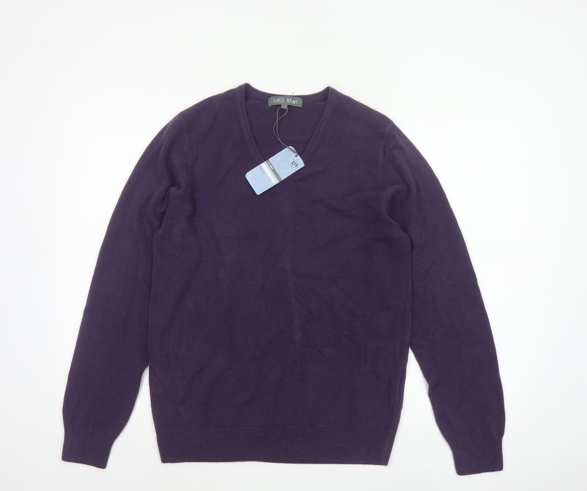 Marks and Spencer Men Purple S V-Neck Acrylic Knit Pullover Jumper