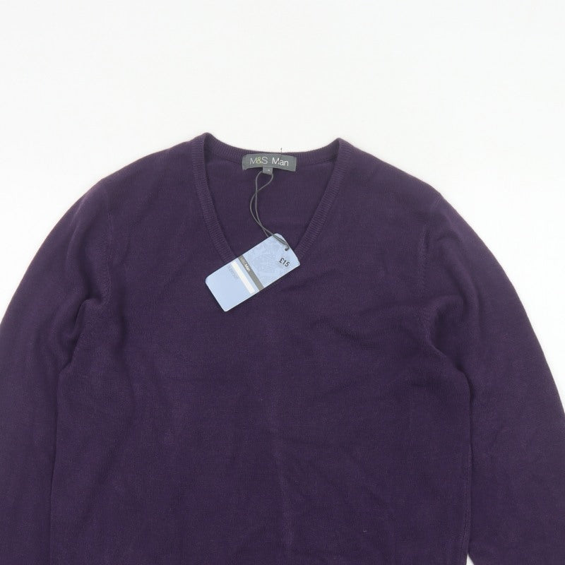 Marks and Spencer Men Purple S V-Neck Acrylic Knit Pullover Jumper
