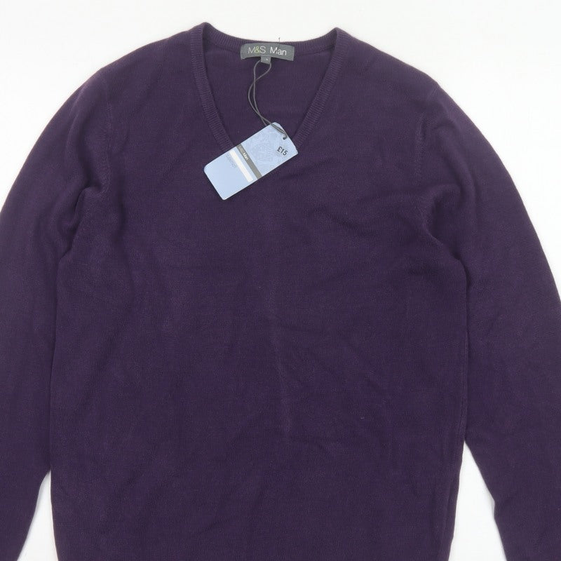 Marks and Spencer Men Purple S V-Neck Acrylic Knit Pullover Jumper