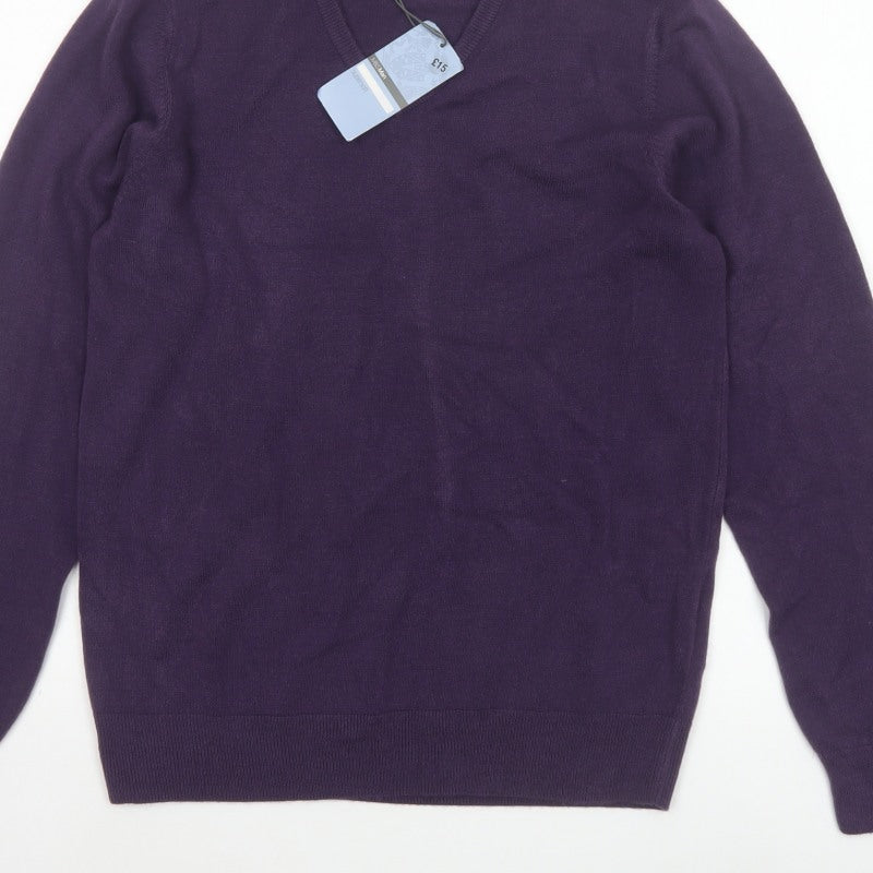 Marks and Spencer Men Purple S V-Neck Acrylic Knit Pullover Jumper