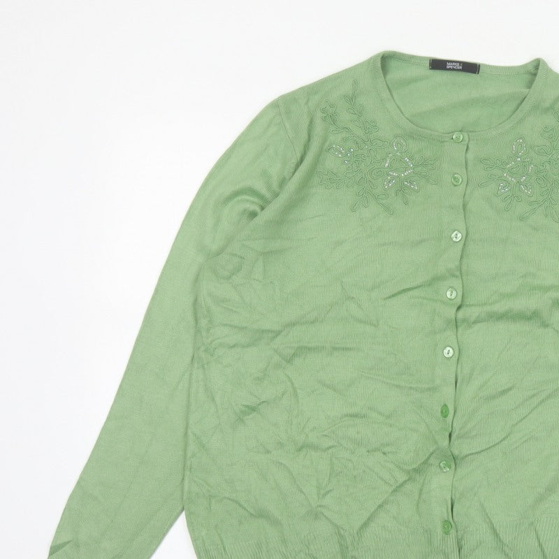 Marks & Spencer Women Green UK 14 Floral Embroidered Knit Cardigan
