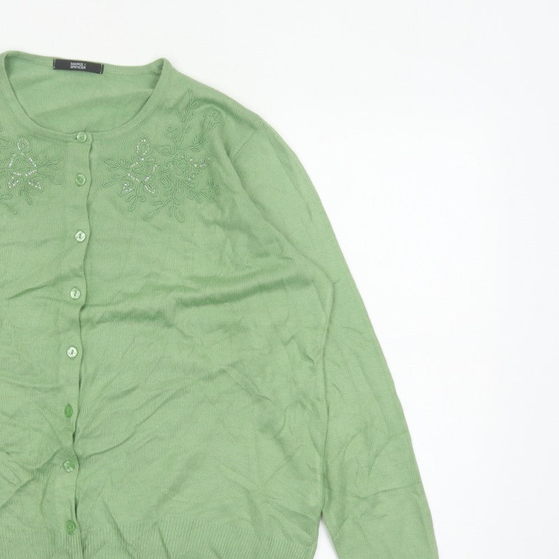 Marks & Spencer Women Green UK 14 Floral Embroidered Knit Cardigan