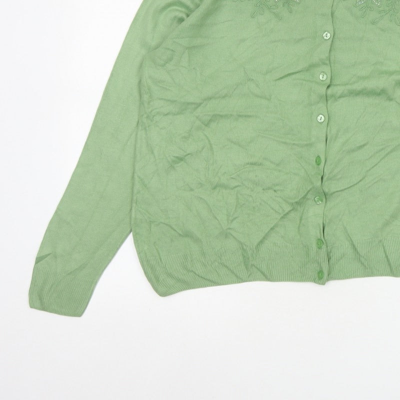 Marks & Spencer Women Green UK 14 Floral Embroidered Knit Cardigan