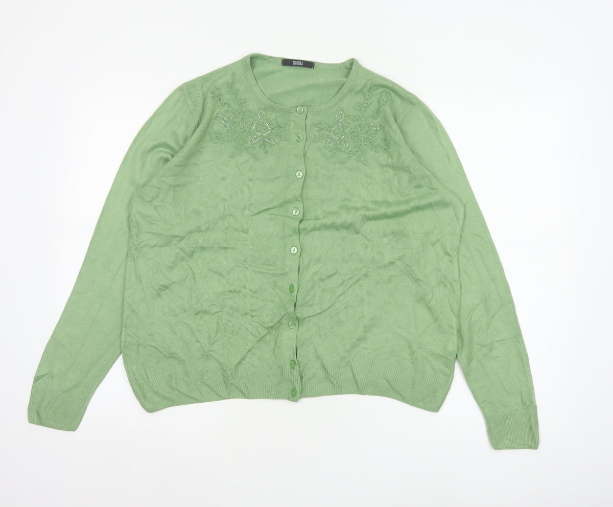 Marks & Spencer Women Green UK 14 Floral Embroidered Knit Cardigan