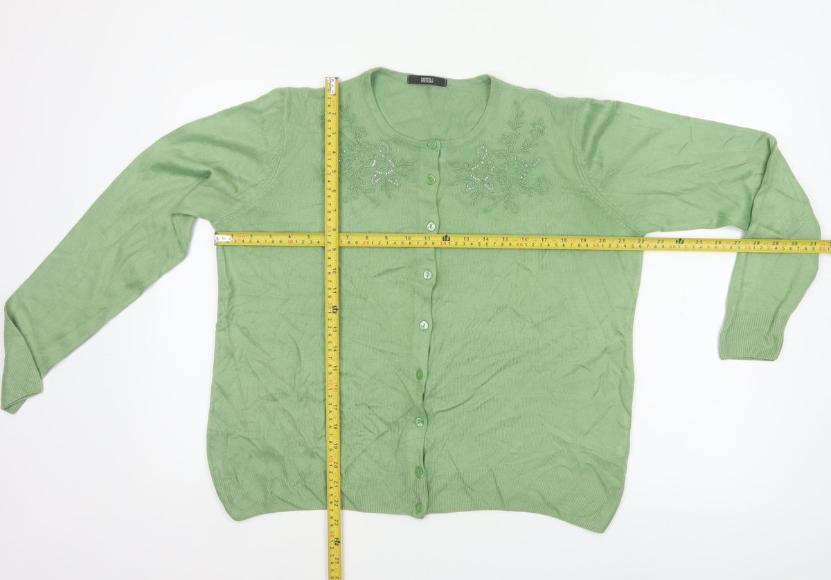 Marks & Spencer Women Green UK 14 Floral Embroidered Knit Cardigan