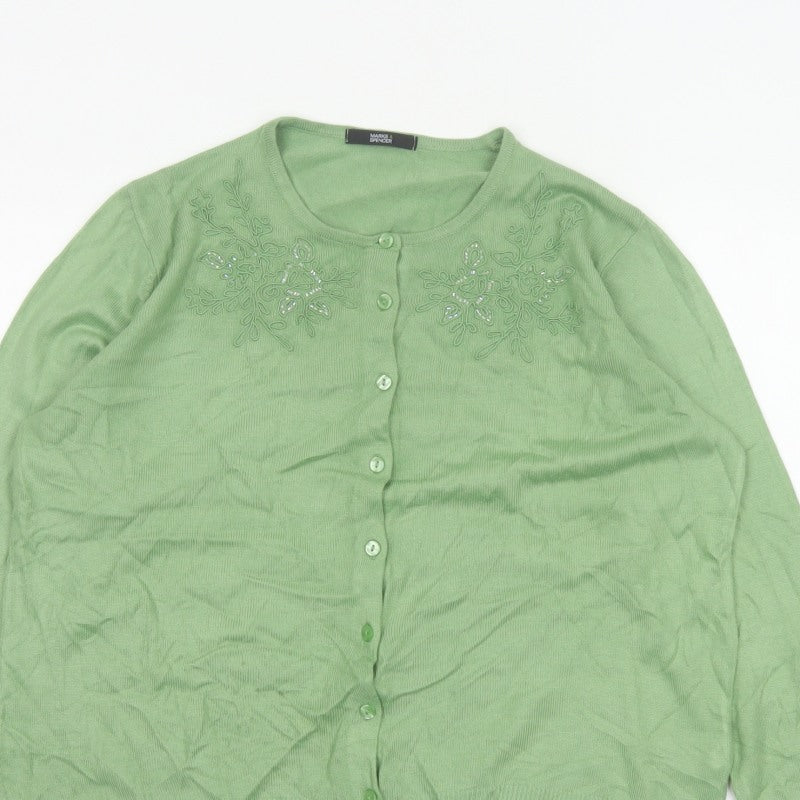 Marks & Spencer Women Green UK 14 Floral Embroidered Knit Cardigan