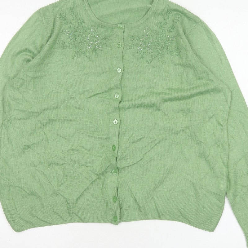 Marks & Spencer Women Green UK 14 Floral Embroidered Knit Cardigan