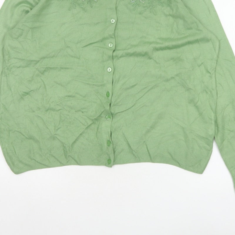 Marks & Spencer Women Green UK 14 Floral Embroidered Knit Cardigan