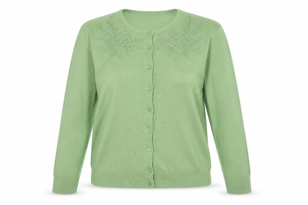 Marks & Spencer Women Green UK 14 Floral Embroidered Knit Cardigan