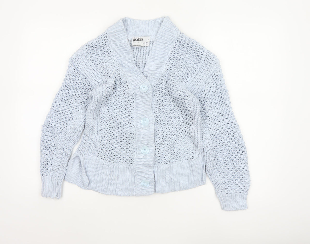 Rita Ora Women Blue UK 10 Open Knit Button Cardigan
