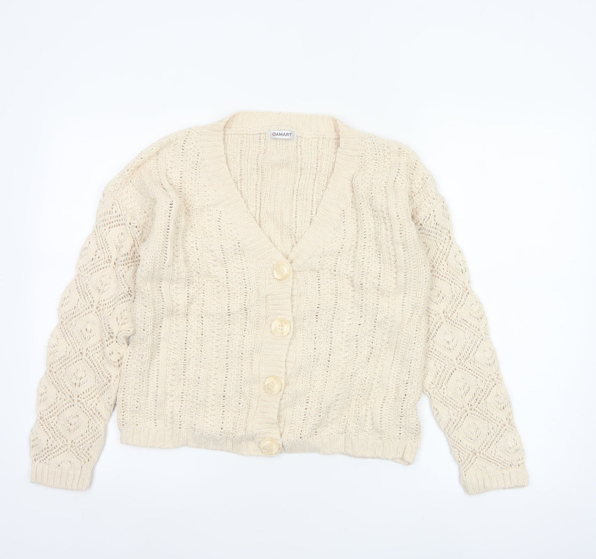Damart Women Ivory UK 16 Cable Knit V-Neck Cotton Cardigan