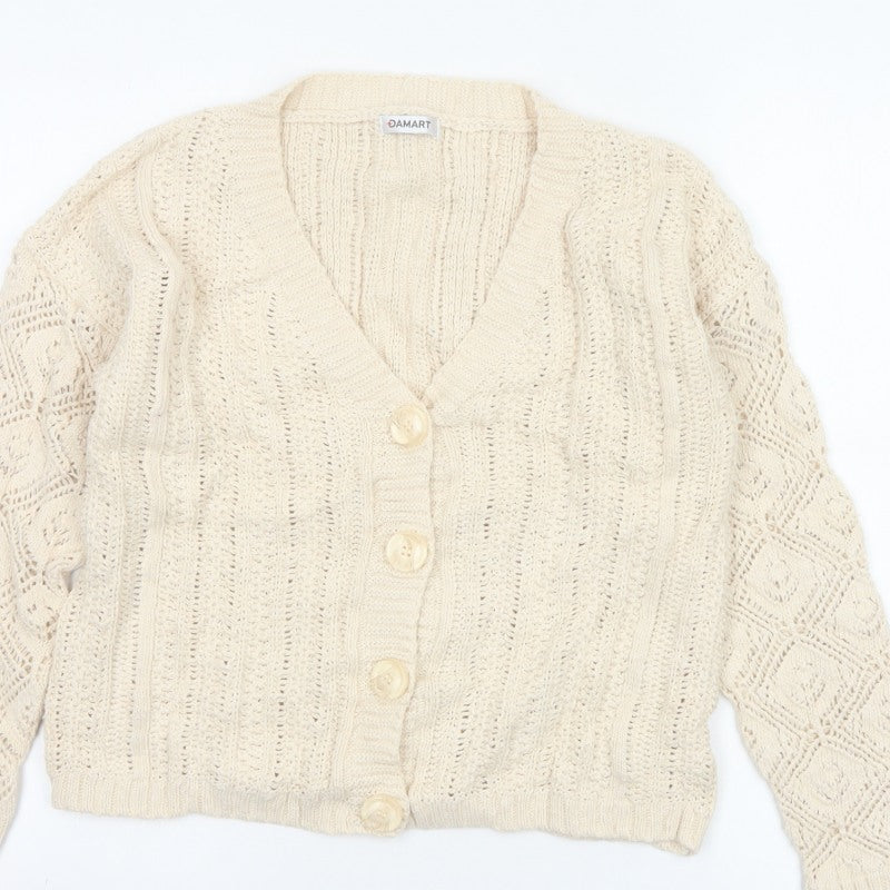 Damart Women Ivory UK 16 Cable Knit V-Neck Cotton Cardigan