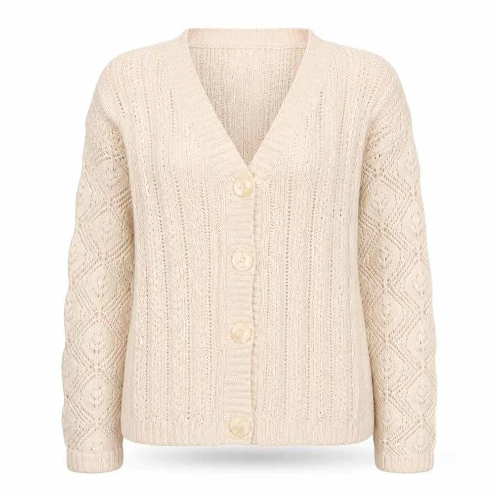 Damart Women Ivory UK 16 Cable Knit V-Neck Cotton Cardigan