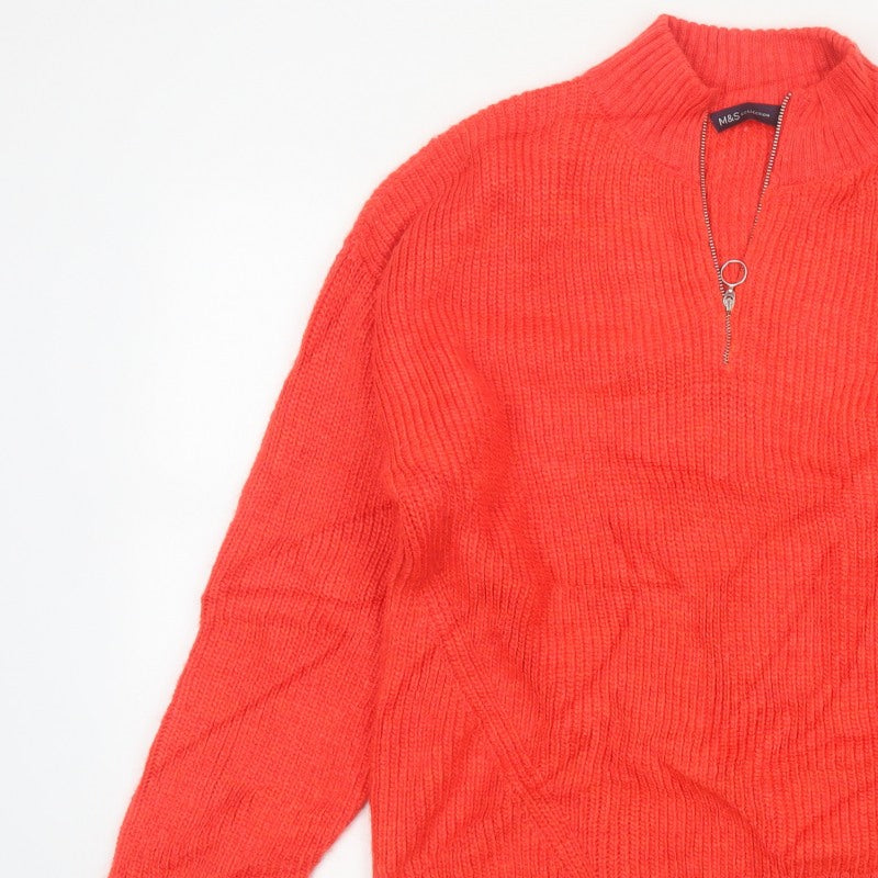 Marks and Spencer Women Orange Size 14 Chunky Knit 1/2 Zip Jumper