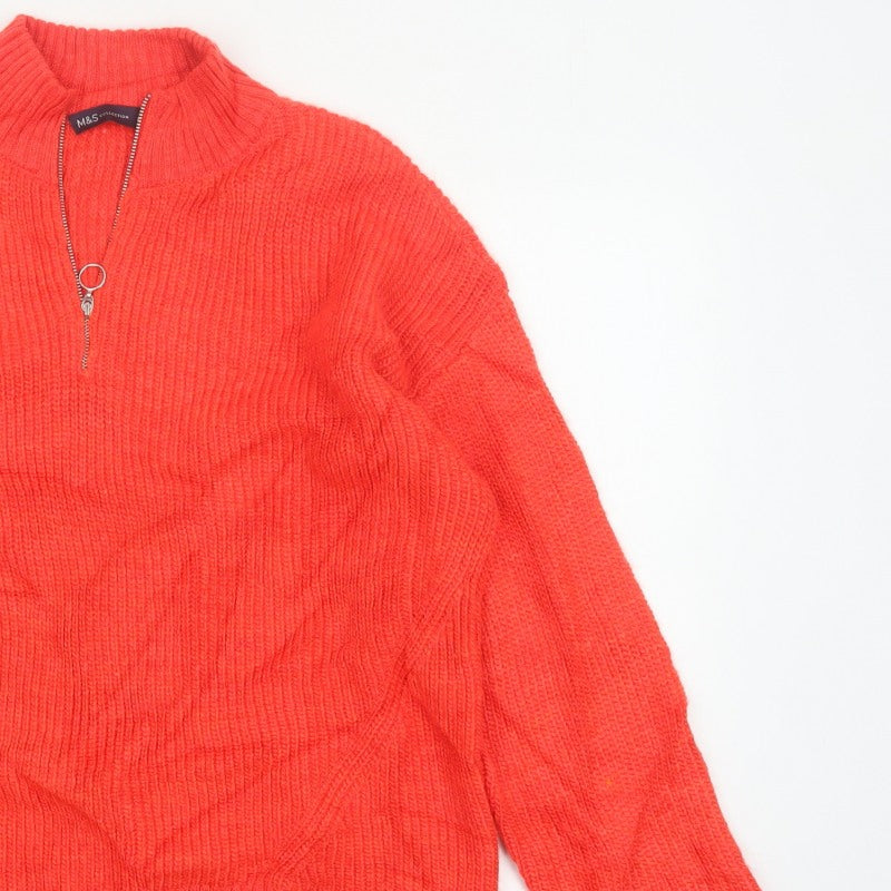Marks and Spencer Women Orange Size 14 Chunky Knit 1/2 Zip Jumper