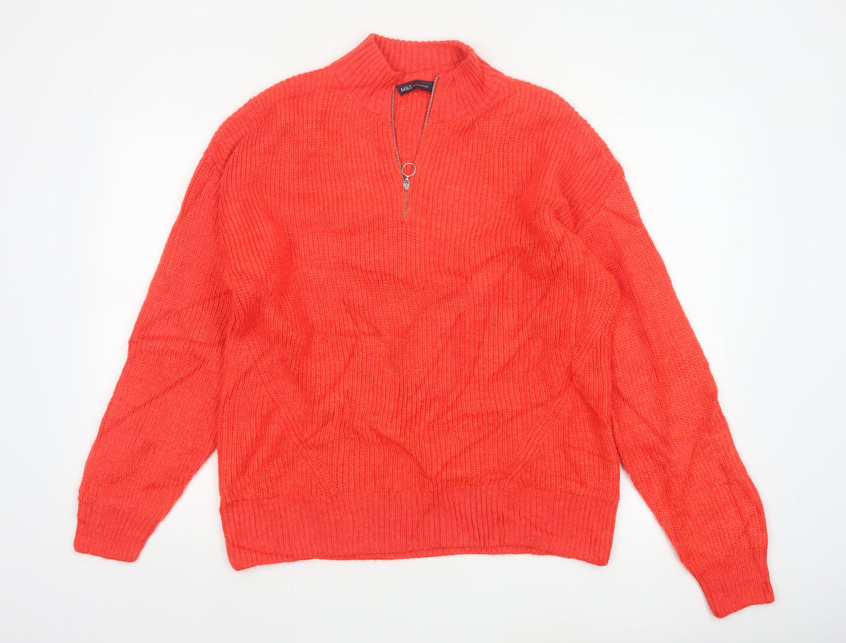 Marks and Spencer Women Orange Size 14 Chunky Knit 1/2 Zip Jumper