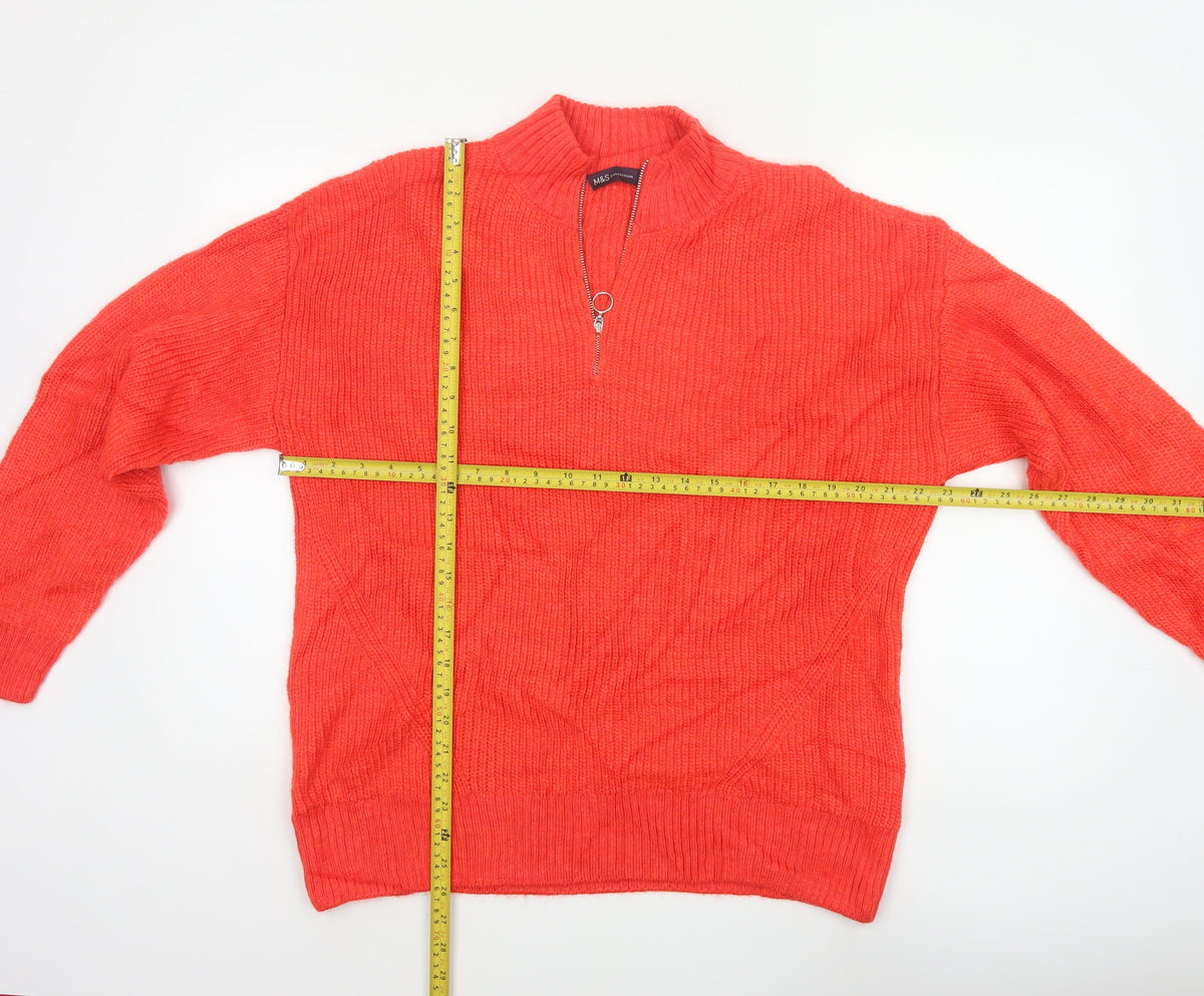 Marks and Spencer Women Orange Size 14 Chunky Knit 1/2 Zip Jumper
